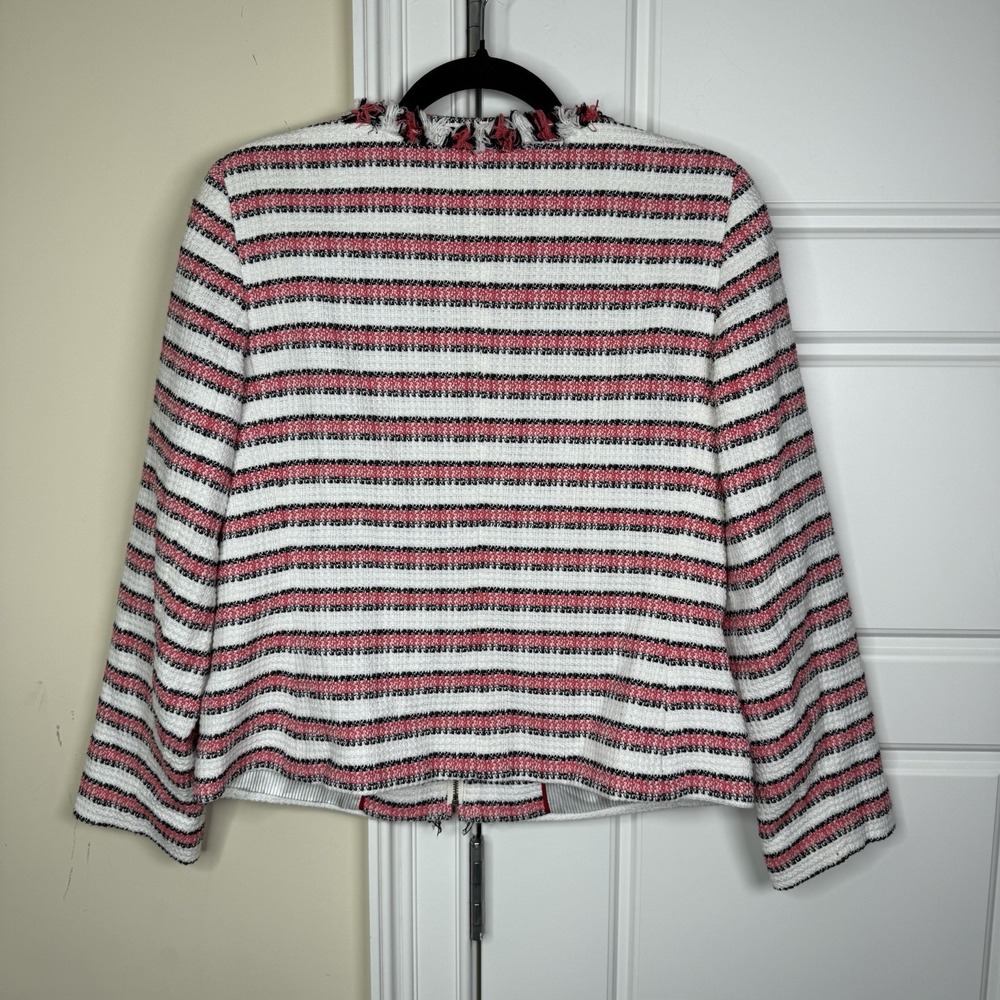 Talbots Blazer Womens 10 Petite Red Striped Blounce Tweed Zip Up Fringe Office - Picture 2 of 5